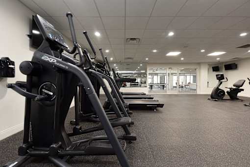 A gym with treadmills and elliptical machines.