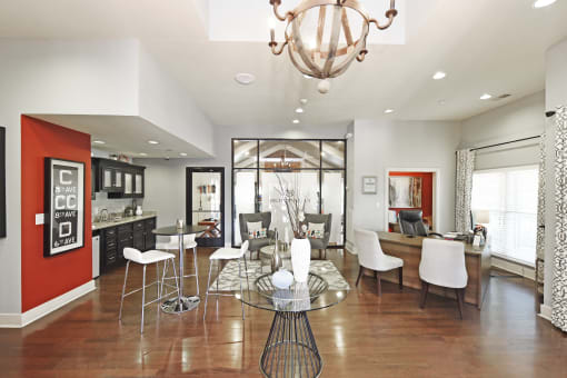 a living room with a dining room and a kitchen