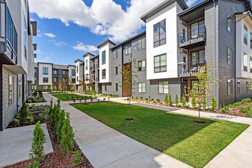 A row of modern townhouses with a sidewalk and landscaping in front.