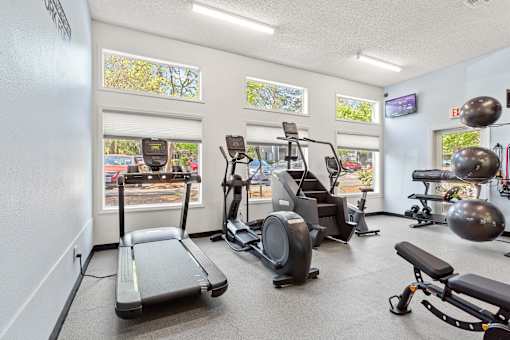 A gym with treadmills, exercise balls, and other equipment.
