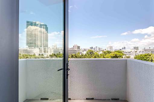 Pet-friendly home with a private balcony offering outdoor space and views in a Miami Beach apartment.