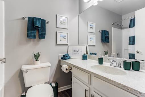 Pet-Friendly Apartments in Geneva, IL – Ashford at Geneva –  A white toilet sits next to a sink in a bathroom.