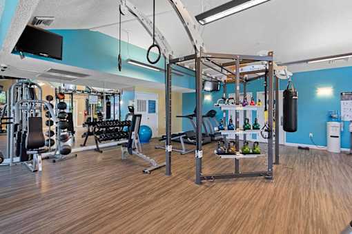 A gym with a variety of equipment including weights and a pull up bar.