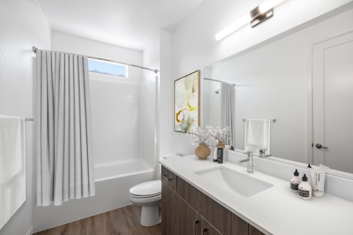 a bathroom with a shower and a sink and a mirror