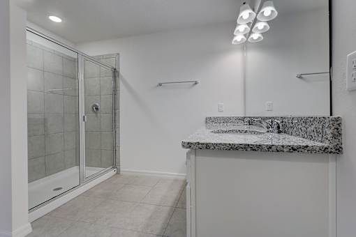 A bathroom with a walk-in shower and a marble countertop.