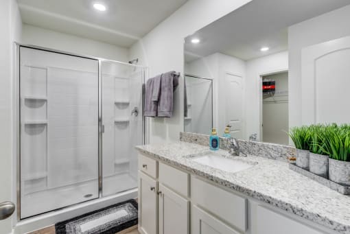 Three BR Apartments in North Denton, TX - Beall Way - Spacious Bathroom with Granite Countertop, Sink, and Shower.