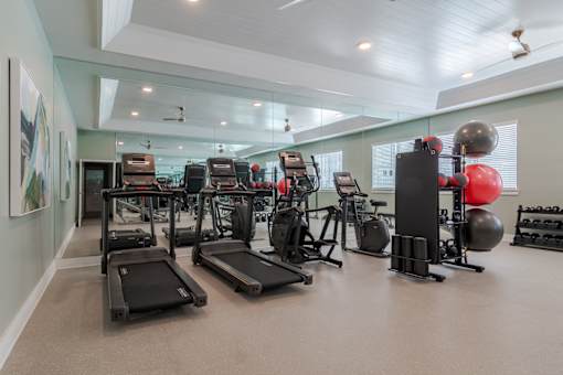 Spacious fitness center at Blue Sky Landing apartments in College Park, GA serving residents searching for pet-friendly apartments near East Point, Union City and Atlanta Airport.