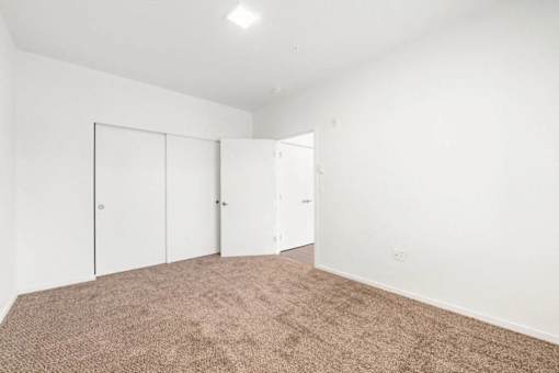 A room with white walls and brown carpet.