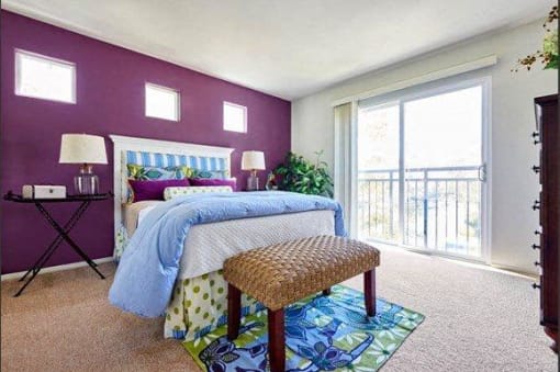 Four-Bedroom Apartments in Tustin, CA - Tustin Cottages - Bedroom with Carpeting, Single Hung Windows, and Matching Bedroom Furniture