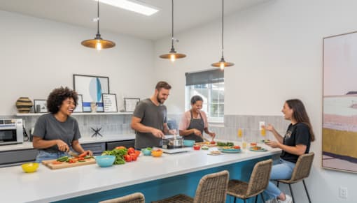 Four people are cooking and eating in a modern kitchen.
