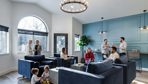 A group of people are gathered in a room with blue couches and a chandelier.