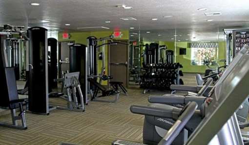 A gym with treadmills, weights, and other exercise equipment.