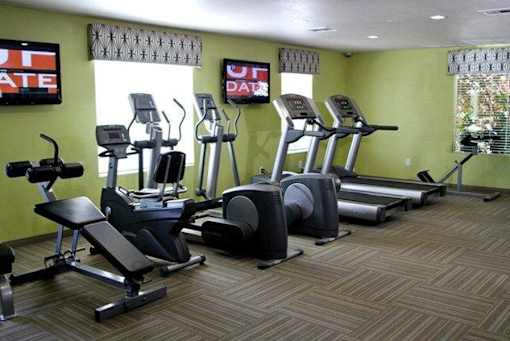 A gym with treadmills, elliptical machines, and a weight bench.