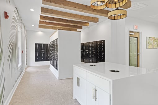 Savannah, GA Apartments – The Palms at Chatham– a mail room with white cabinets and white walls