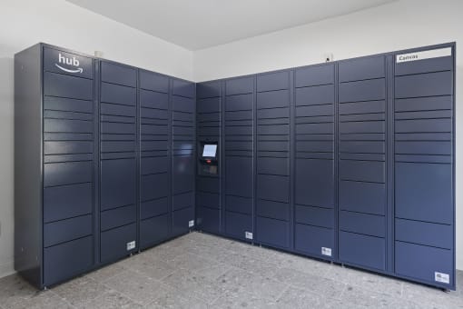 Pet-Friendly Apartments in Savannah, GA – The Palms at Chatham – a row of lockers in a room with a tile floor