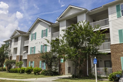Pet-Friendly Apartments in Savannah, GA – Canvas at Savannah – our apartment building with white siding and green shutters