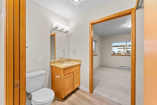 A bathroom with a toilet, sink, and mirror.