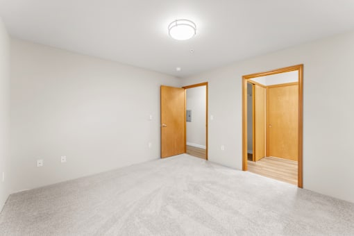 A room with two doors and a carpeted floor.