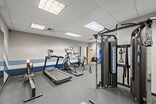 A gym with a treadmill, weights, and exercise equipment.