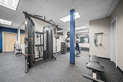 A gym with a variety of equipment including a squat rack, a leg press machine, and a bench.