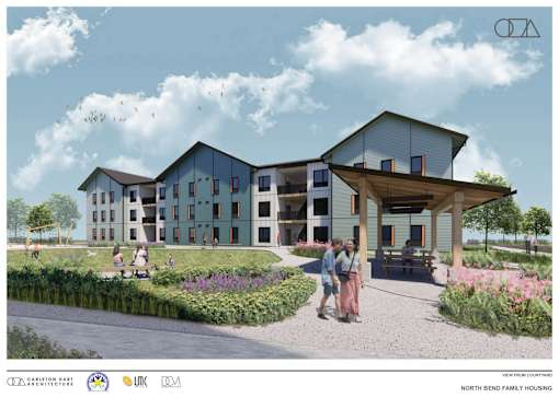 A rendering of a modern North Bend Family Housing complex with people walking around the courtyard.
