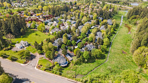 A residential area with houses surrounded by trees.