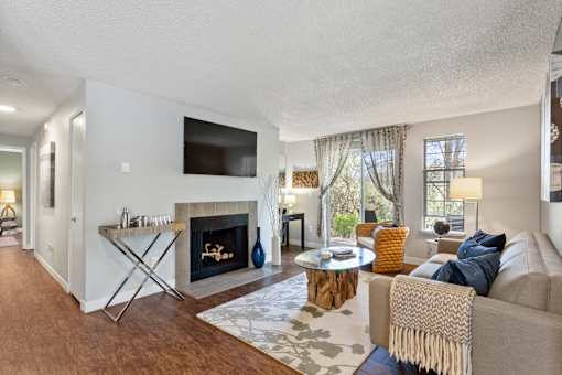 A living room with a fireplace and a television.