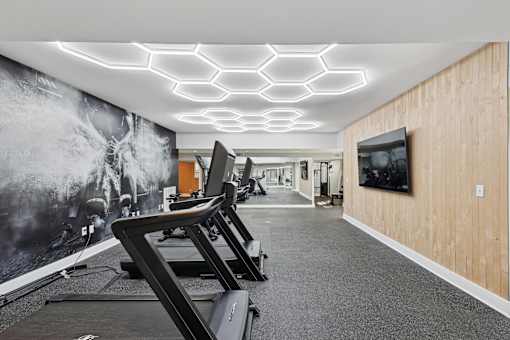 Apartments in Sandy Springs Georgia for Rent – Celebration at Sandy Springs - A gym with treadmills and a wall mural.