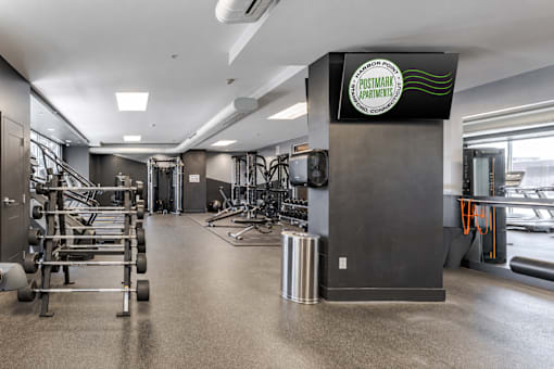 A gym with a variety of equipment including weights and cardio machines.