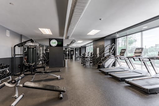 A gym with treadmills, weights, and other exercise equipment.