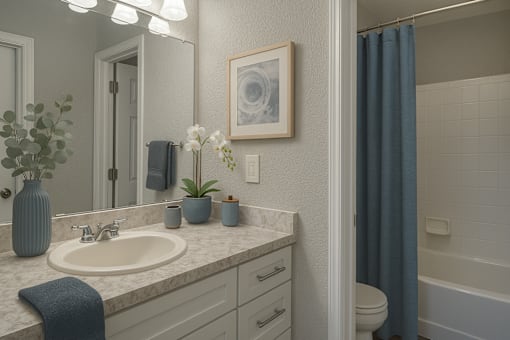 A bathroom with a white sink and a blue towel.