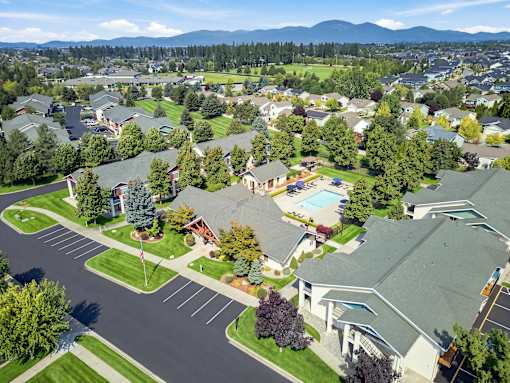 A bird's eye view of a residential neighborhood with houses, a pool, and a flagpole.