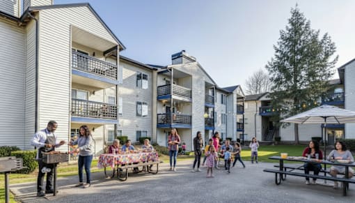 A group of people are gathered in a courtyard with a man grilling food on a barbecue.