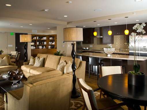 A modern living room with a brown couch and a black coffee table.