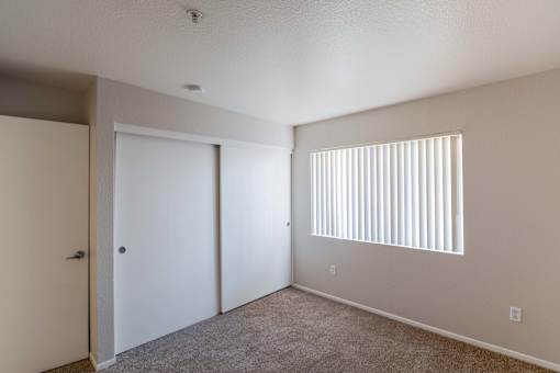 an empty bedroom with a closet and a window