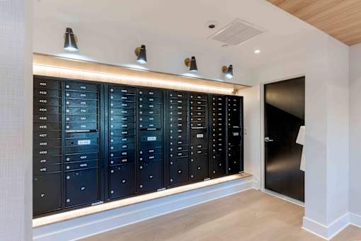Resident mailroom with secure mailboxes at Creekline at Fairfield in Fairfield, Connecticut.