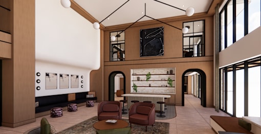 A modern living room with a large window and a flat screen TV.