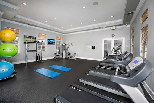 A gym with treadmills, exercise balls, and other equipment.