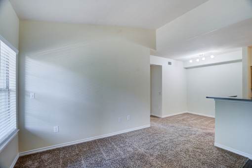 A room with white walls and carpeted floor.