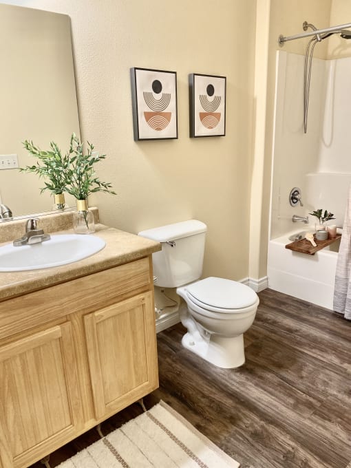 One-Bedroom Apartments in Spokane, WA - Deer Creek - Bathroom with Plank Flooring, Wood-Tone Cabinetry, Sink, Mirror, and Shower/Tub Combo.