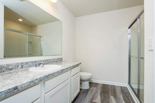 A bathroom with a marble countertop and a toilet.