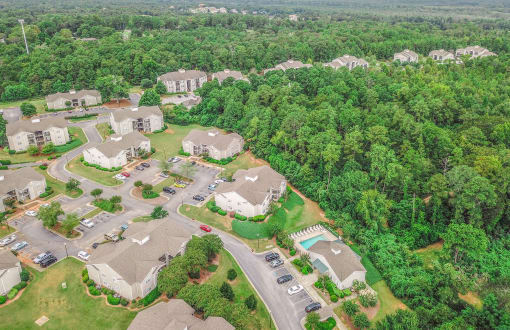 arial view of a neighborhood with houses and trees