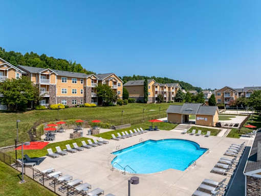 Pet-Friendly Apartments in Oak Ridge, TN – Centennial Village – an aerial view of an outdoor pool with chairs and umbrellas