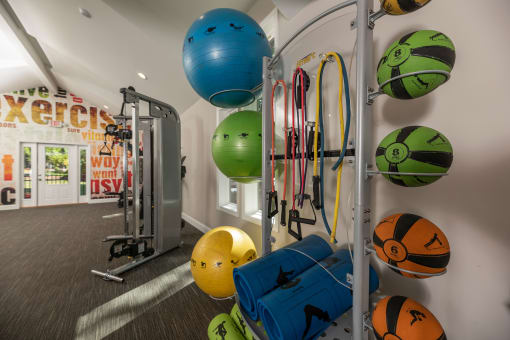 Apartments in Lawrenceville Georgia for Rent – Park on Sweetwater - a fitness room with weights and balls and a treadmill