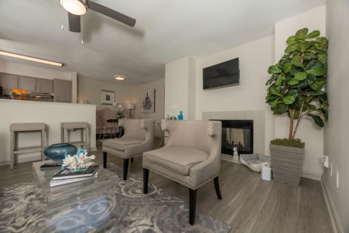 Pet-Friendly Apartments in Lawrenceville– Park on Sweetwater – a living room with couches and chairs and a fireplace