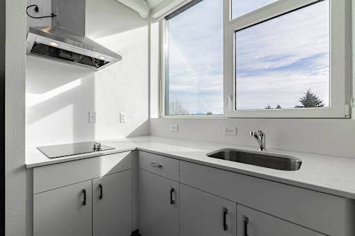 A kitchen with a window overlooking a tree.