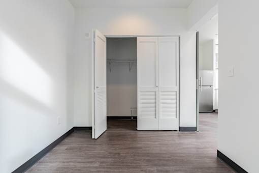 A white closet with a door open and a mirror on the wall.