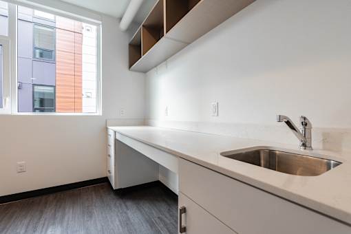 A kitchen with a sink and a window.