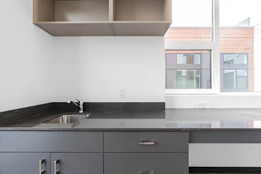 A modern kitchen with a black countertop and grey cabinets.