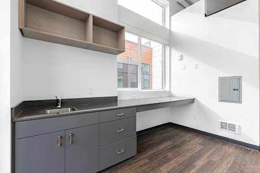 A kitchen with a sink and cabinets.